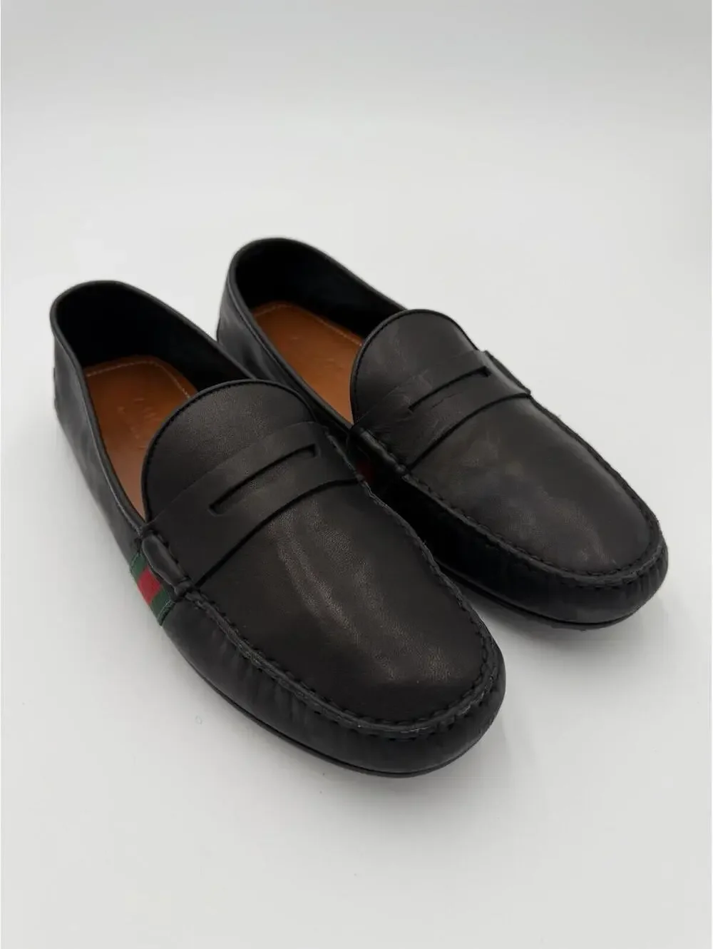 Gucci Web Stripe Driver Loafers Black Leather Mens Size 9